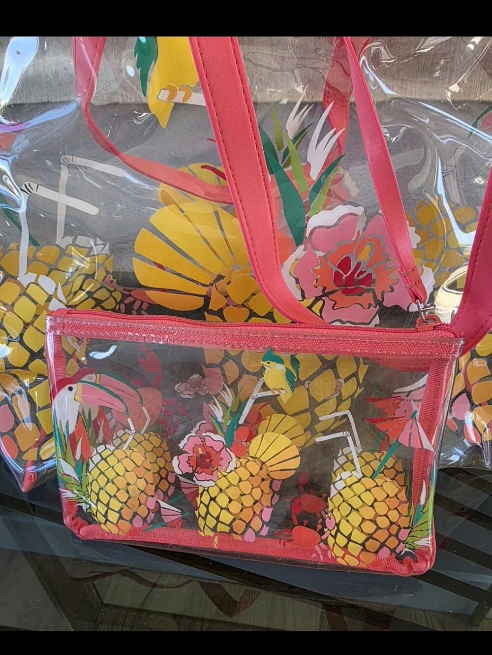 Vera Bradley Clear Tote with Coral Trim and Pineapple Floral Print